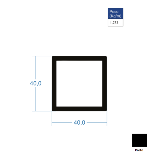 Barra Quadrada Em Alumínio 40x40x3mm - Preto - 6,00m